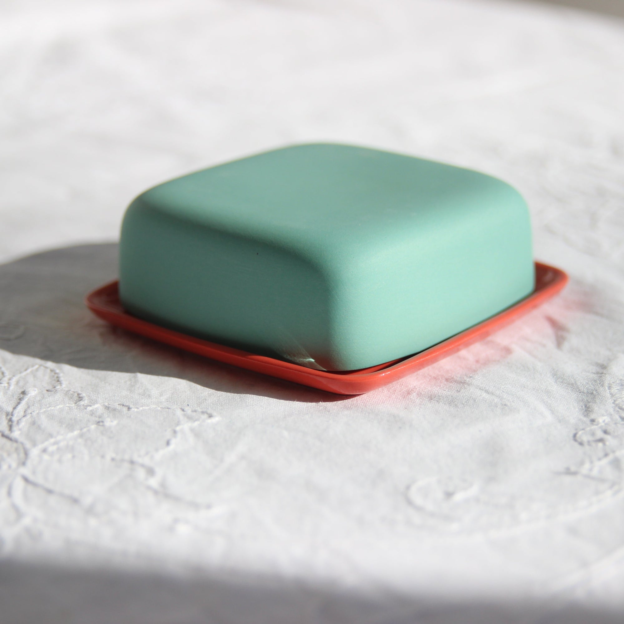 Butter Dish, Green & Coral, Adele Stanley