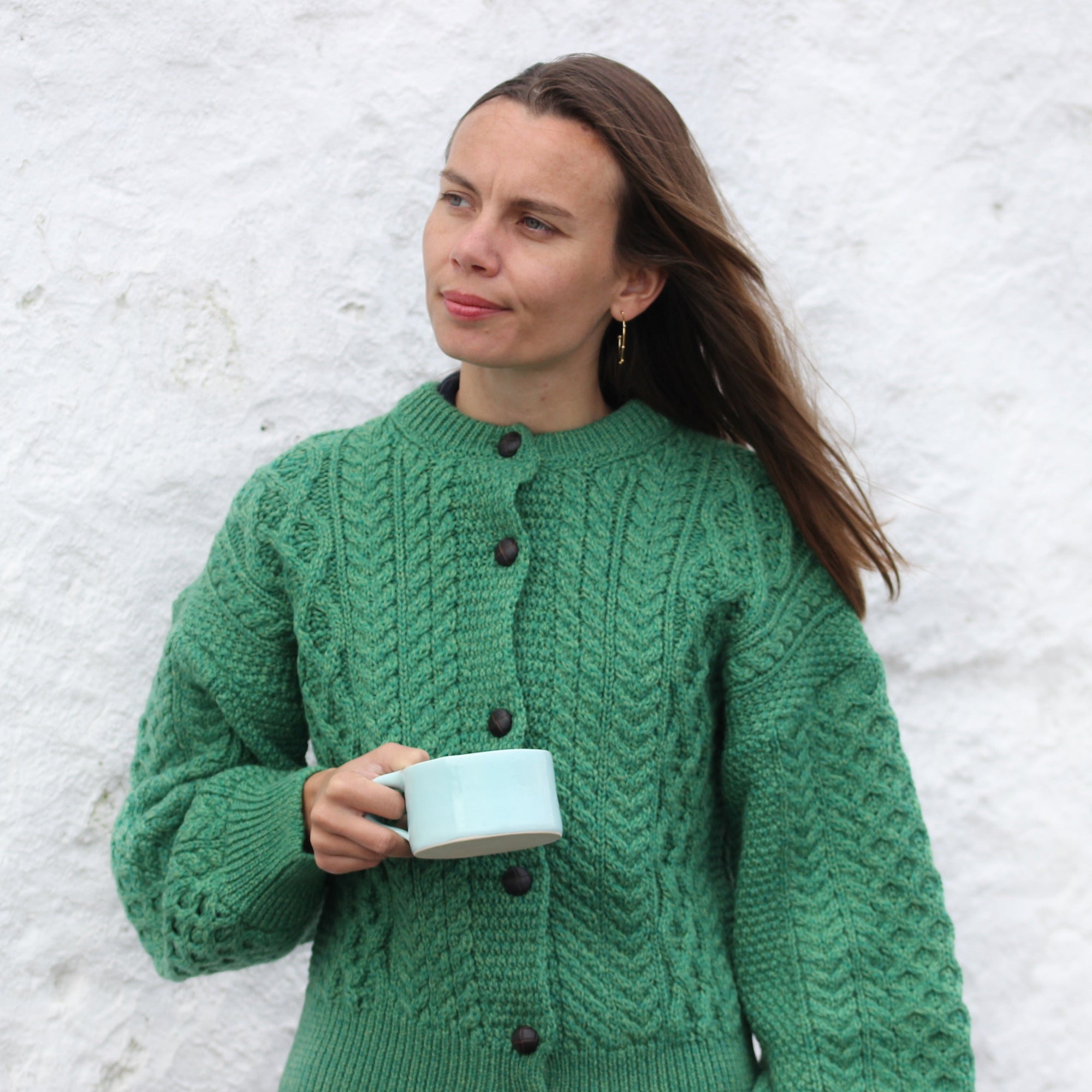 Cropped Aran Cardigan, Clover Green, IrelandsEye - Main Image