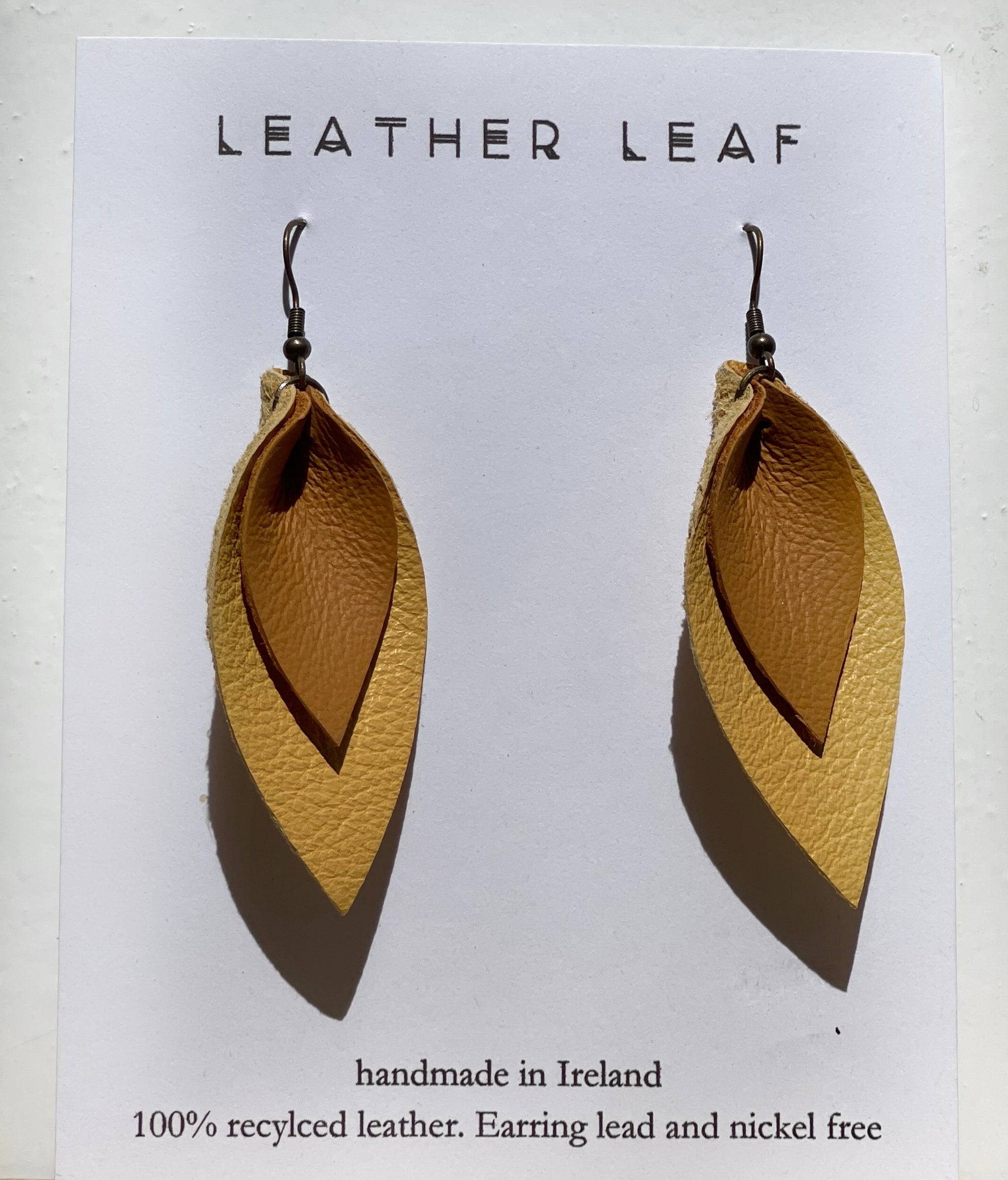 Leather Leaf earrings, Yellow & Tan