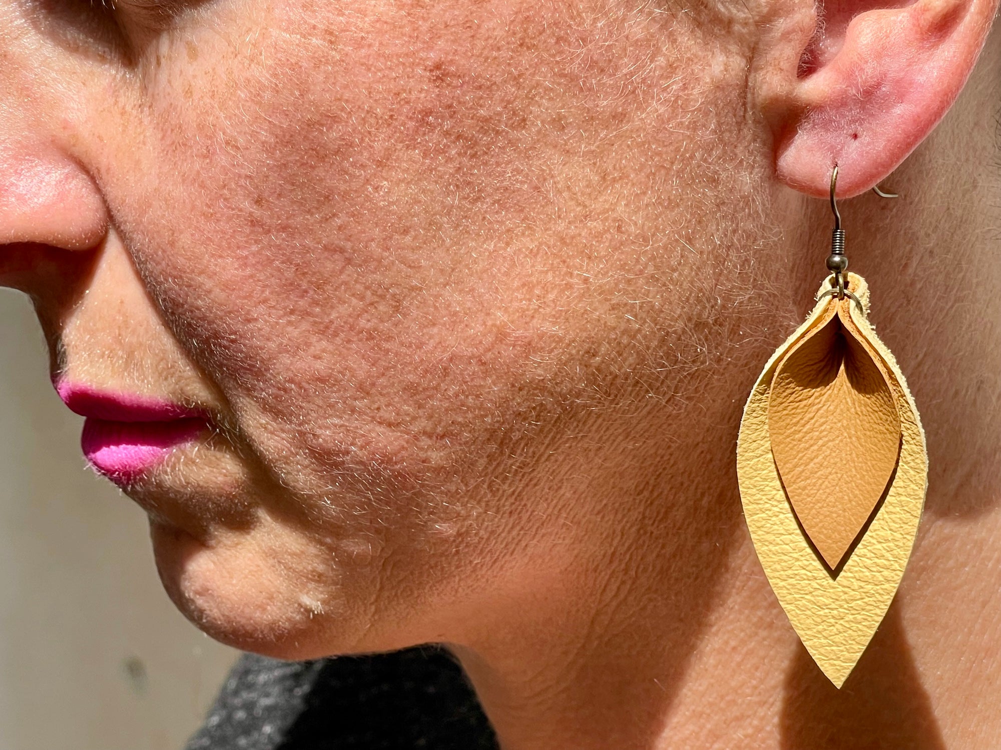 Leather Leaf earrings, Yellow & Tan