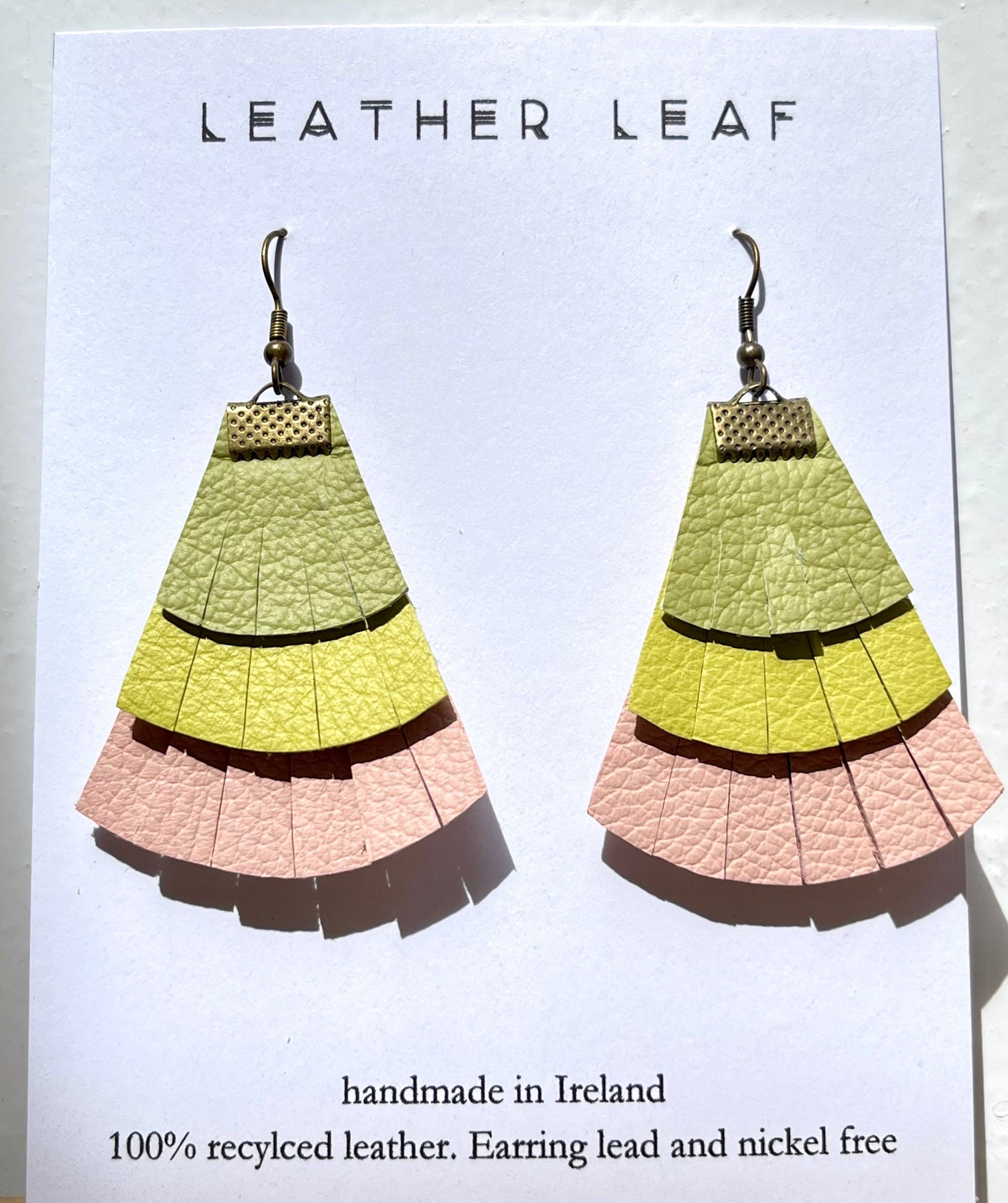 Leather Leaf Earrings, Green & Pink