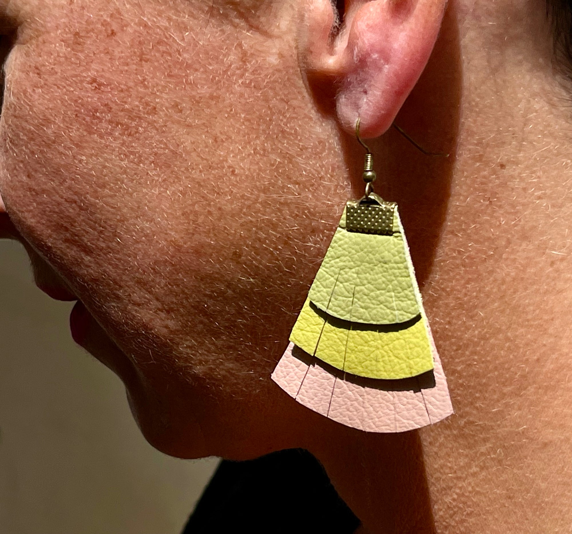 Leather Leaf Earrings, Green & Pink