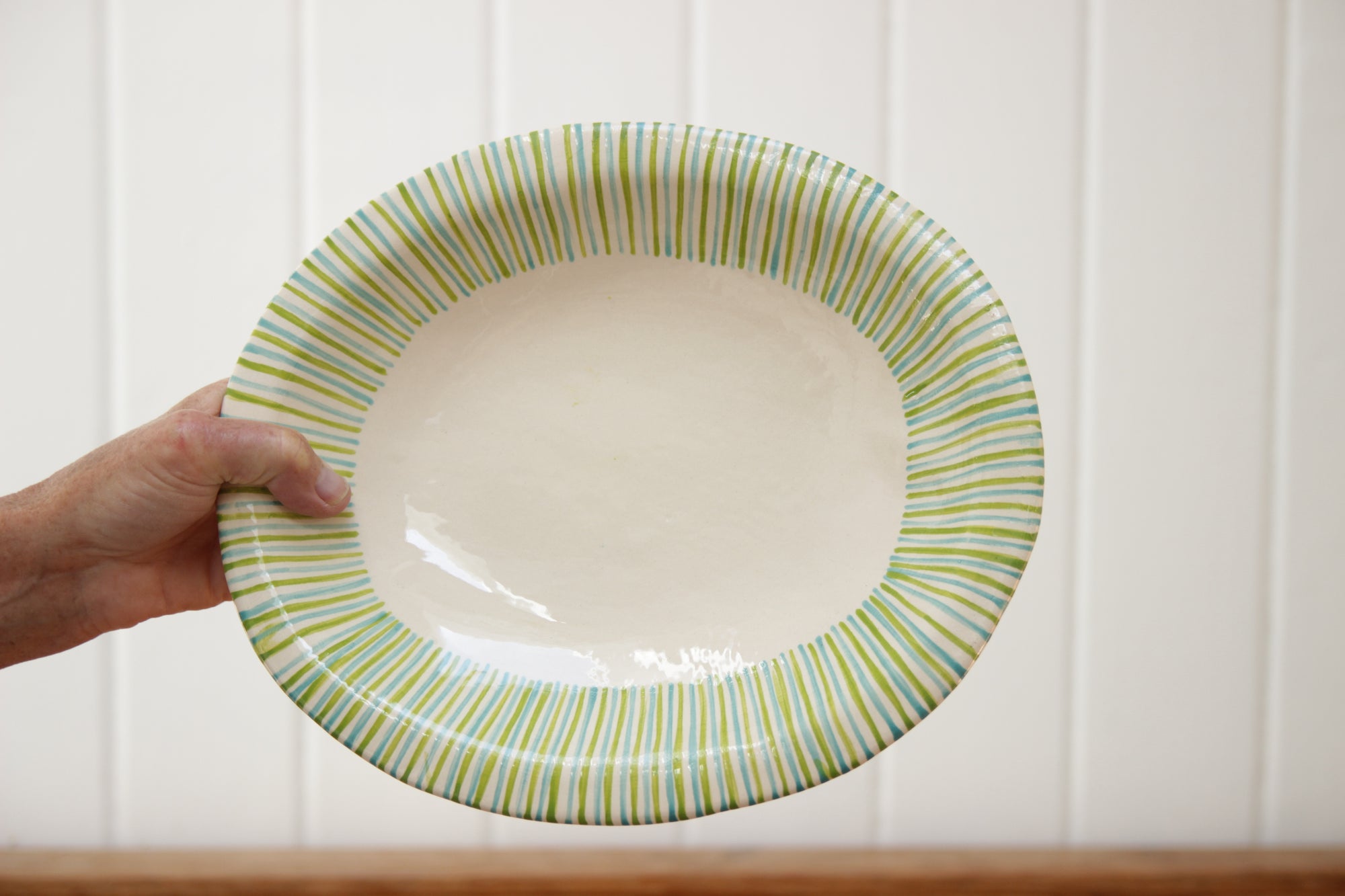 Oval Platter, Green & Blue Stripes